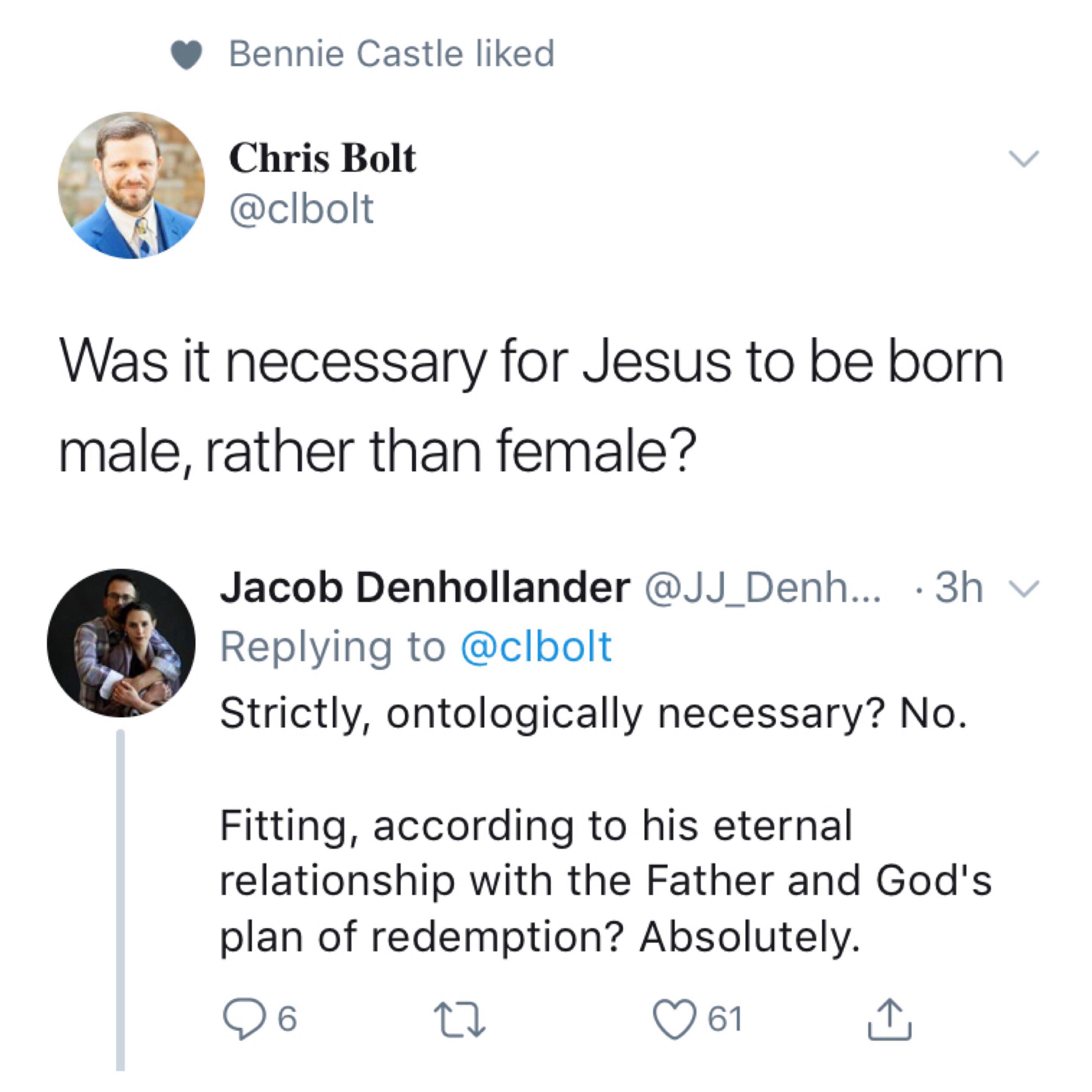 A dismal response from Jacob Denhollander to Chris Bolt's question about whether it was necessary for Jesus to be born male